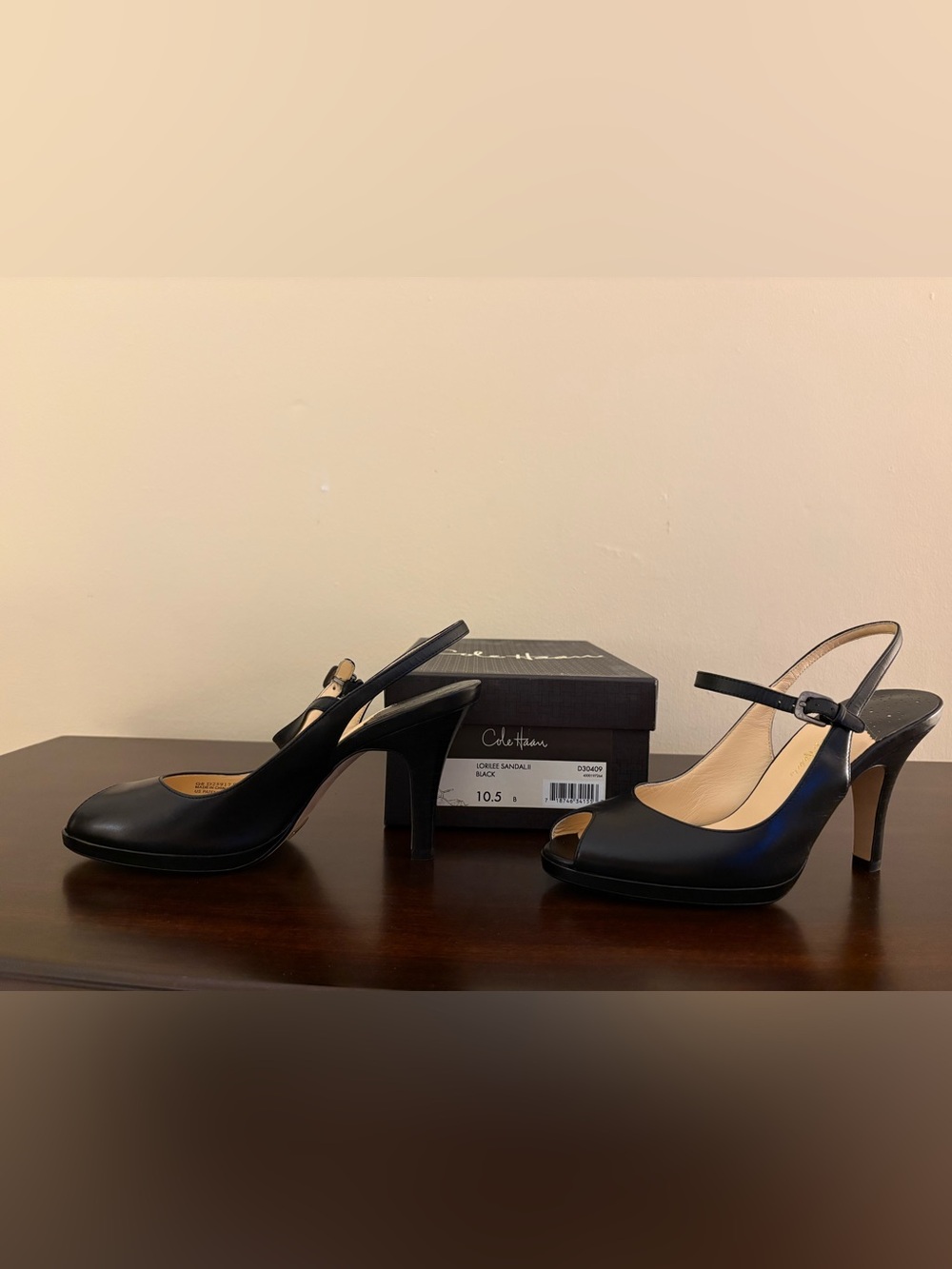 Cole Haan Black Slingback Ankle Strap-Peep-Toe Leather Heels